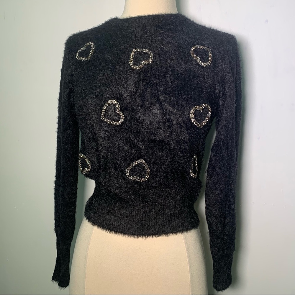 ZARA knit fuzzy black heart rhinestones appliqué sweater  size S